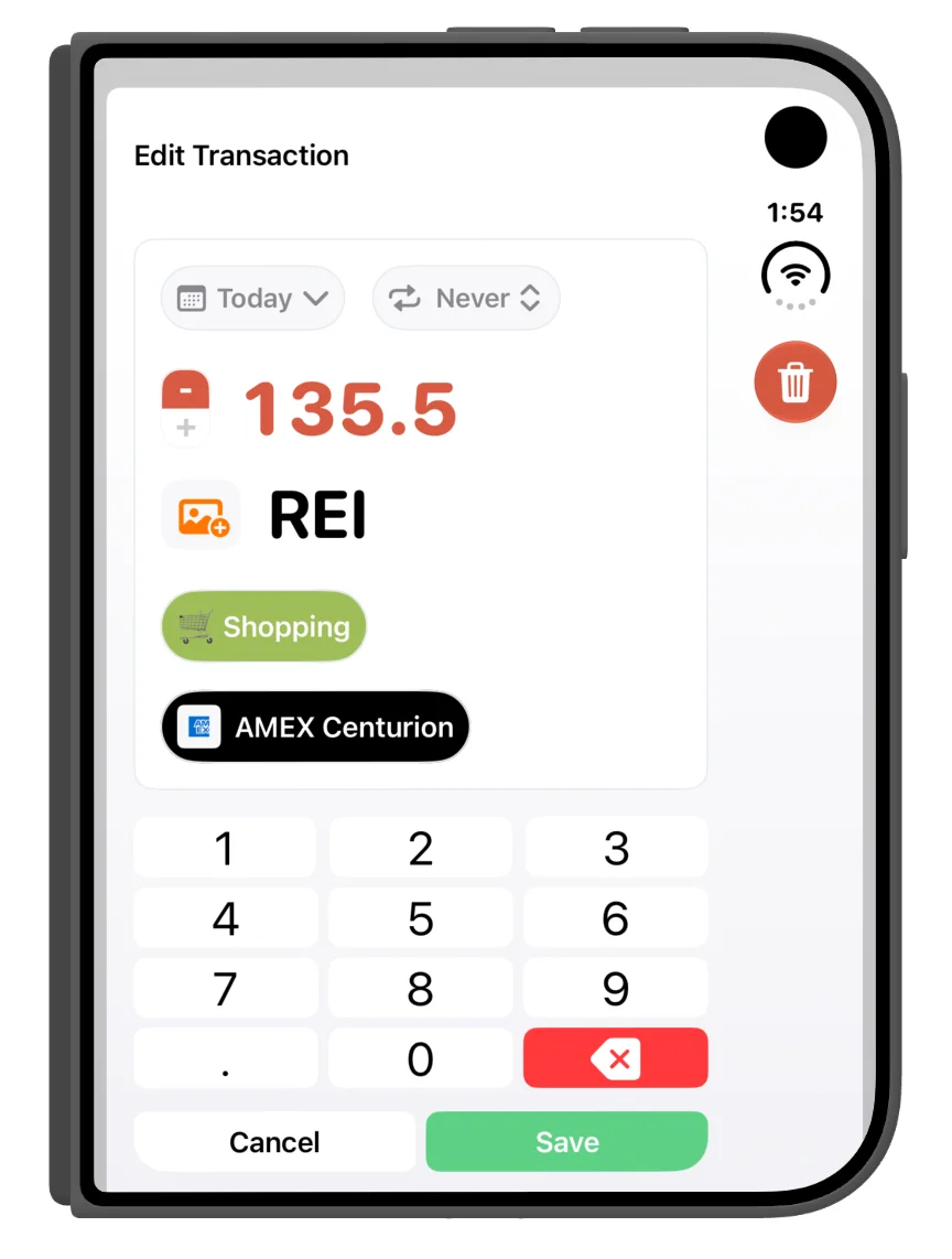 Editing a transaction in the folded layout, with category, account and number pad.