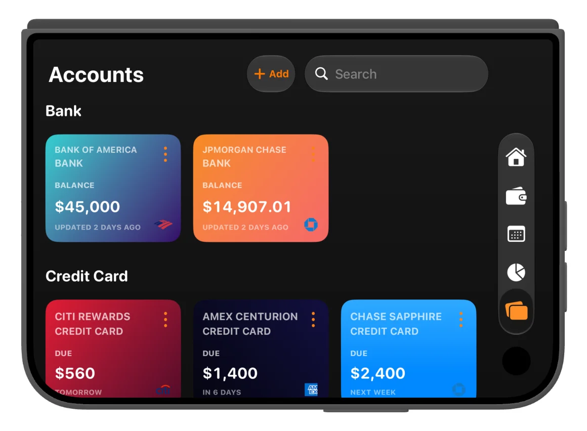 Bank and credit card accounts on the folded outer display in landscape.