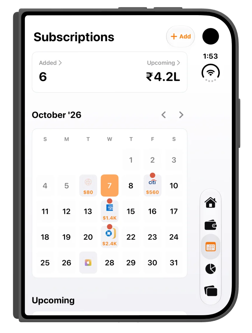 The subscriptions calendar and upcoming payments in the folded layout.