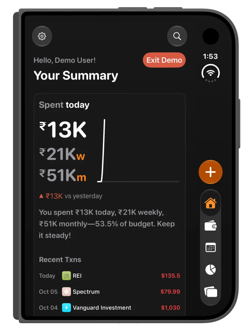 The summary in the folded portrait layout, with recent transactions and side navigation.