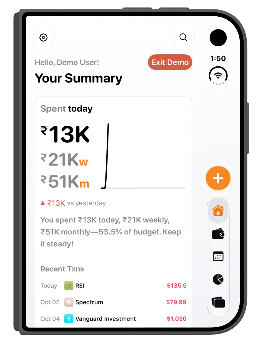 The summary in the folded portrait layout, with recent transactions and side navigation.