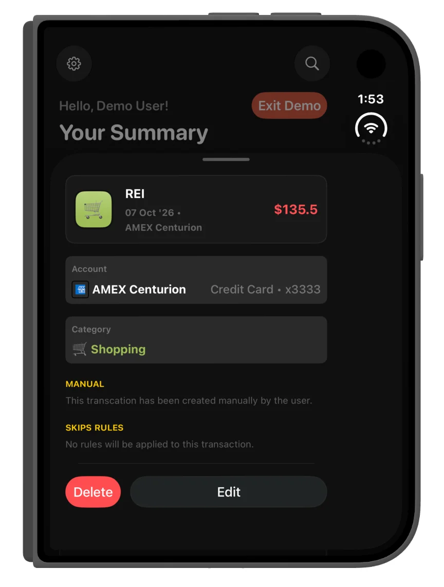 Transaction details and quick actions in the folded layout.